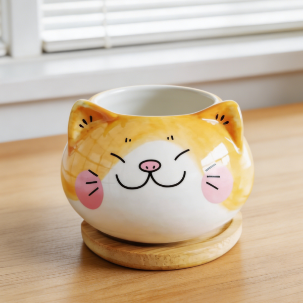 Yellow Cat Ceramic Planter with Bamboo Tray 3 5"