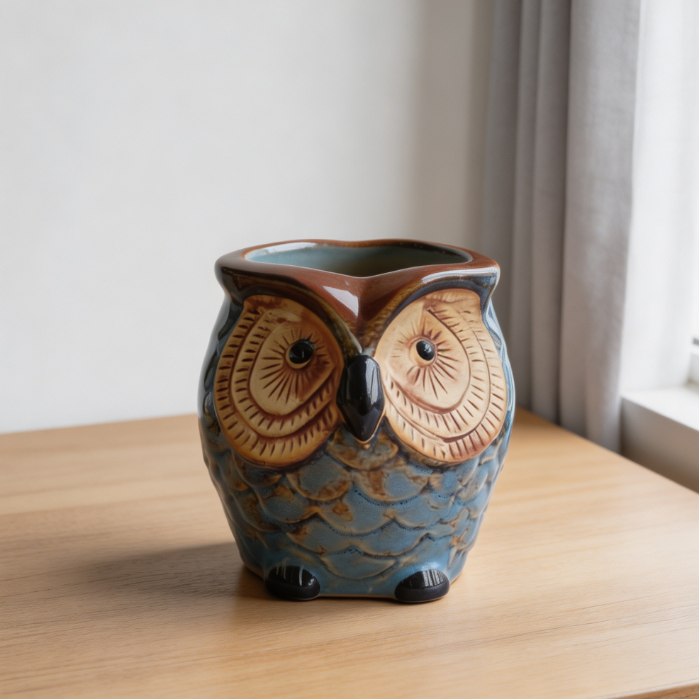 Blue Owl Ceramic Succulent Planter with Drainage
