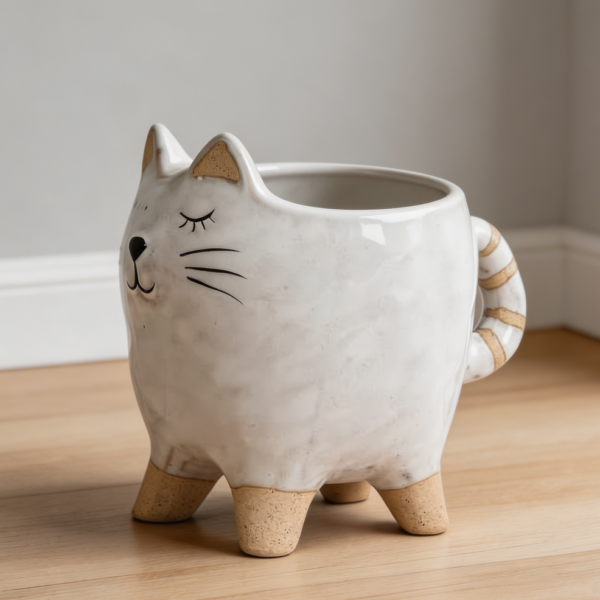 Small Cat with Tail Ceramic Planter 4"
